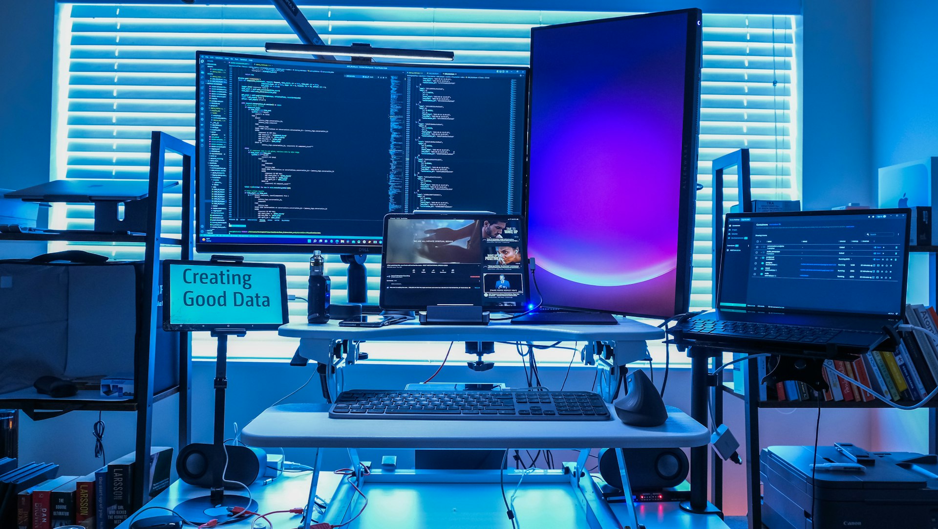 a desk with several computers